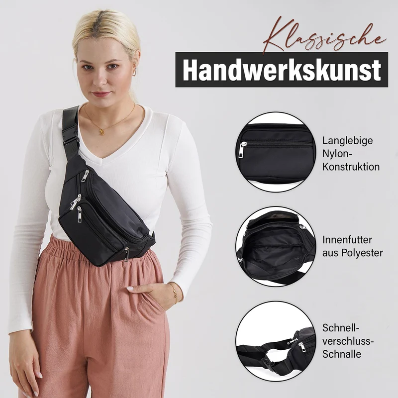 Gürteltasche mit RFID-Schutz, Nylon, 6 Reißverschlussfächer, Schnellverschluss, verstellbarer Schultergurt, Größe 37x10x13,5?cm, marineblau