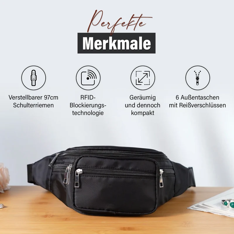 Gürteltasche mit RFID-Schutz, Nylon, 6 Reißverschlussfächer, Schnellverschluss, verstellbarer Schultergurt, Größe 37x10x13,5?cm, marineblau