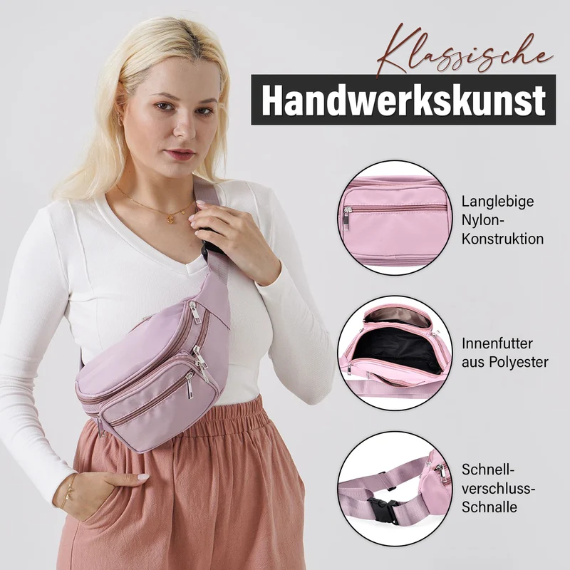 Gürteltasche mit RFID-Schutz, Nylon, 6 Reißverschlussfächer, Schnellverschluss, verstellbarer Schultergurt, Größe 37x10x13,5?cm, marineblau