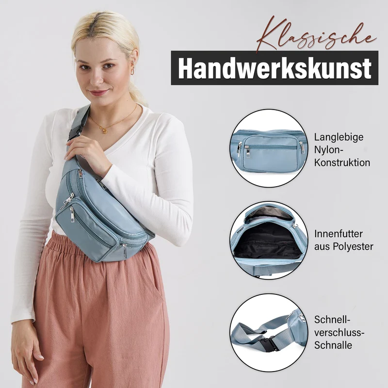 Gürteltasche mit RFID-Schutz, Nylon, 6 Reißverschlussfächer, Schnellverschluss, verstellbarer Schultergurt, Größe 37x10x13,5?cm, marineblau