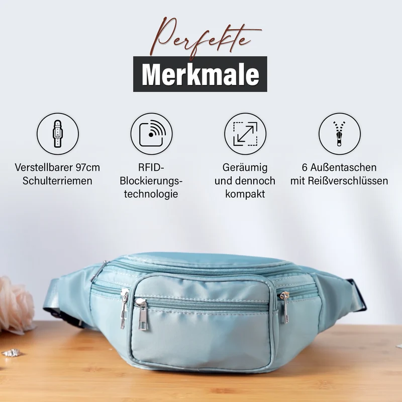 Gürteltasche mit RFID-Schutz, Nylon, 6 Reißverschlussfächer, Schnellverschluss, verstellbarer Schultergurt, Größe 37x10x13,5?cm, marineblau