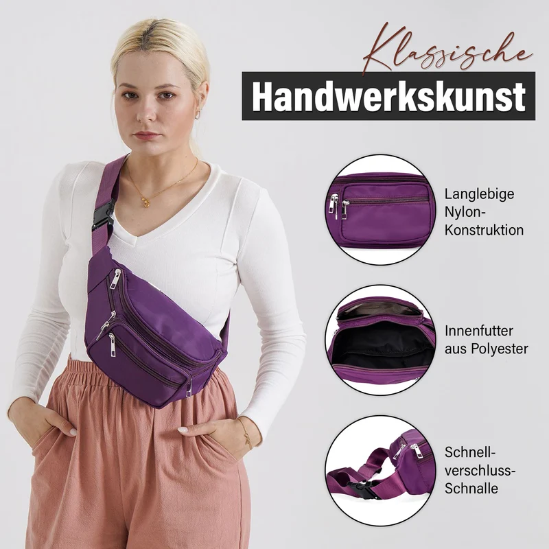 Gürteltasche mit RFID-Schutz, Nylon, 6 Reißverschlussfächer, Schnellverschluss, verstellbarer Schultergurt, Größe 37x10x13,5?cm, marineblau