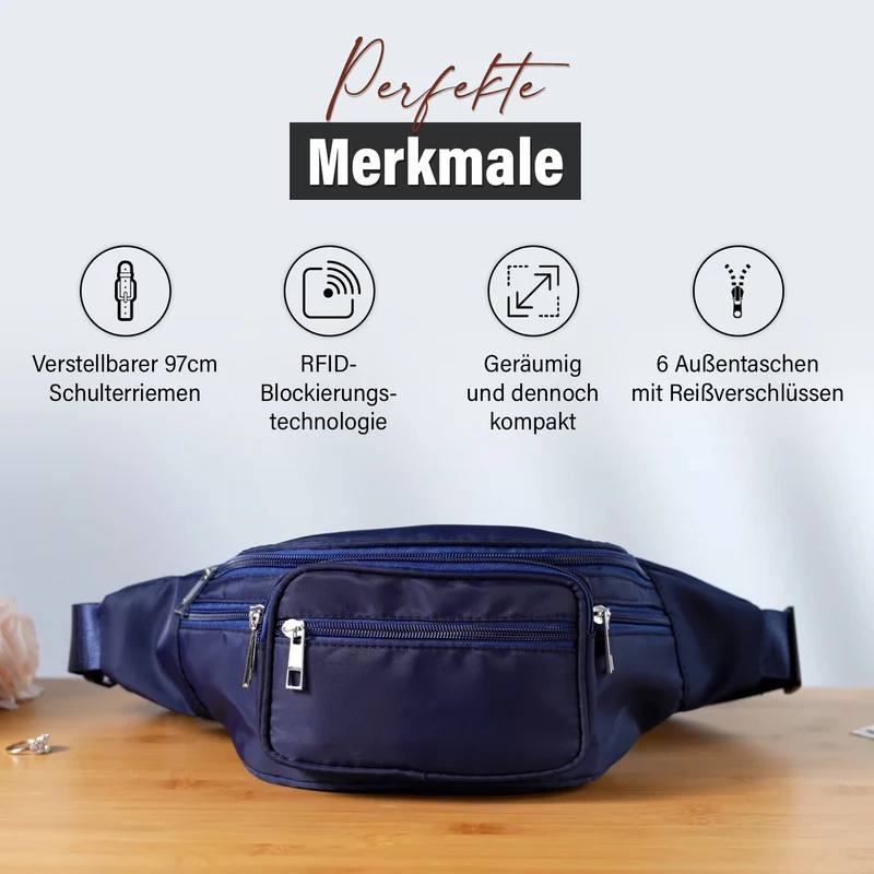 Gürteltasche mit RFID-Schutz, Nylon, 6 Reißverschlussfächer, Schnellverschluss, verstellbarer Schultergurt, Größe 37x10x13,5?cm, marineblau