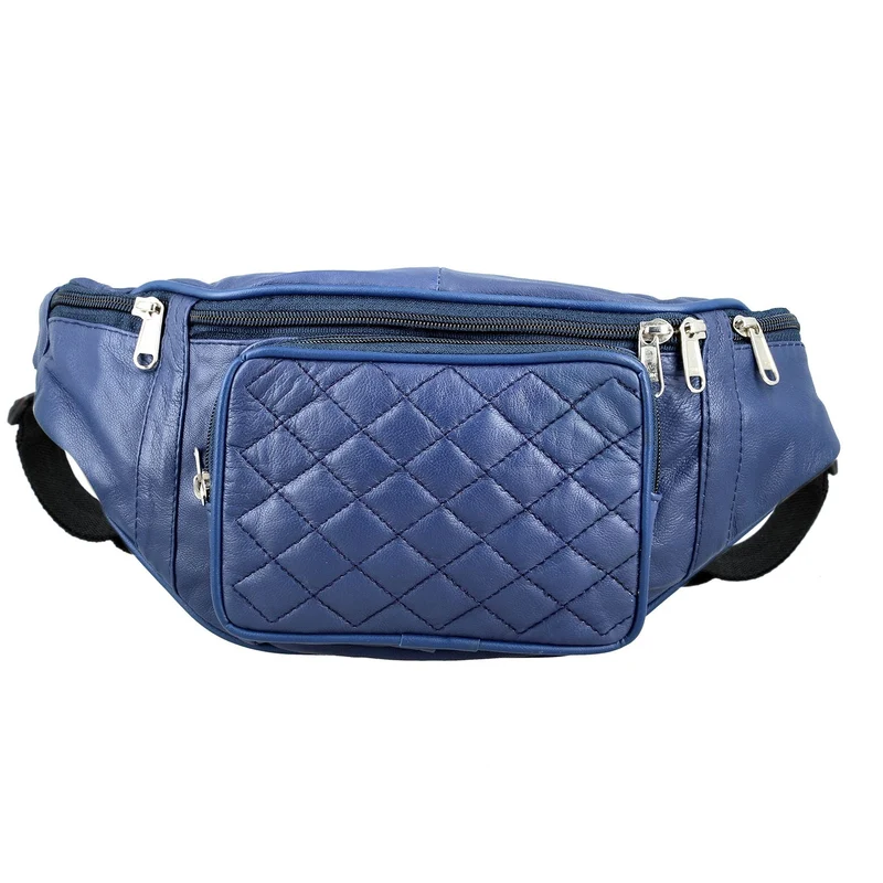 Gürteltasche aus 100 % Echtleder mit Stepp-Design, verstellbarer Riemen, Marineblau