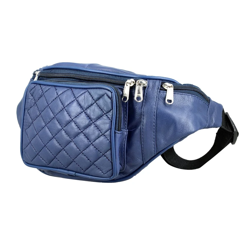 Gürteltasche aus 100 % Echtleder mit Stepp-Design, verstellbarer Riemen, Marineblau