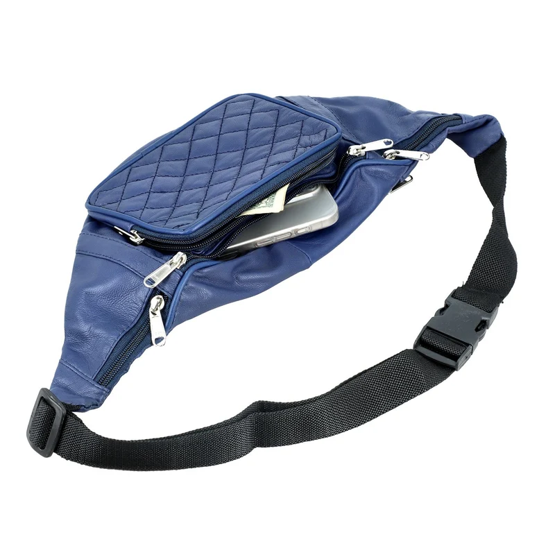 Gürteltasche aus 100 % Echtleder mit Stepp-Design, verstellbarer Riemen, Marineblau