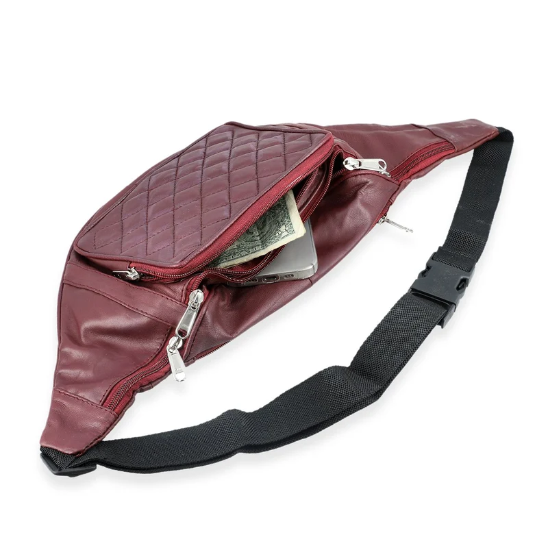 Gürteltasche aus 100 % Echtleder mit Stepp-Design, verstellbarer Riemen, Marineblau
