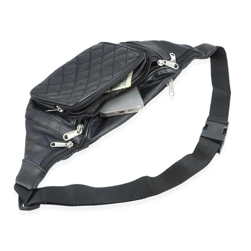 Gürteltasche aus 100 % Echtleder mit Stepp-Design, verstellbarer Riemen, Marineblau
