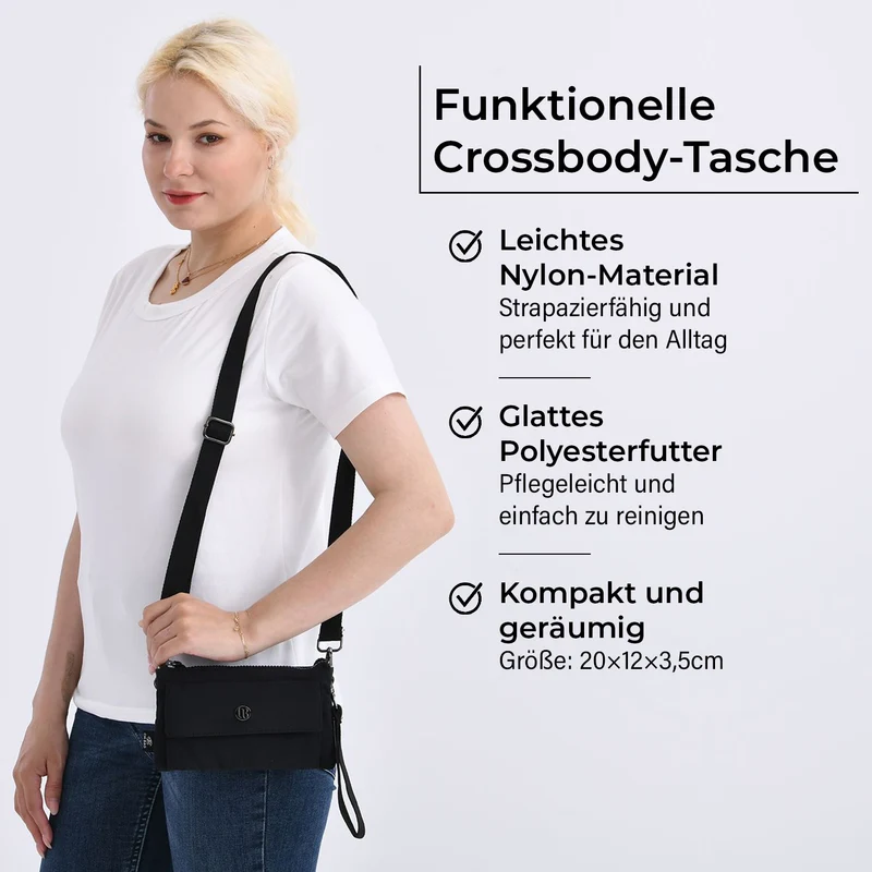 Crossbody-Tasche aus Nylon, mit mehreren Reißverschlussfächern und verstellbarem Schulterriemen, 20x12x3.5 cm, Schwarz