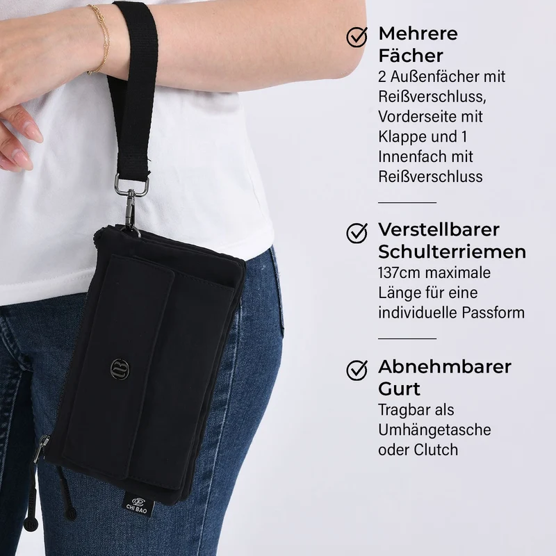 Crossbody-Tasche aus Nylon, mit mehreren Reißverschlussfächern und verstellbarem Schulterriemen, 20x12x3.5 cm, Schwarz