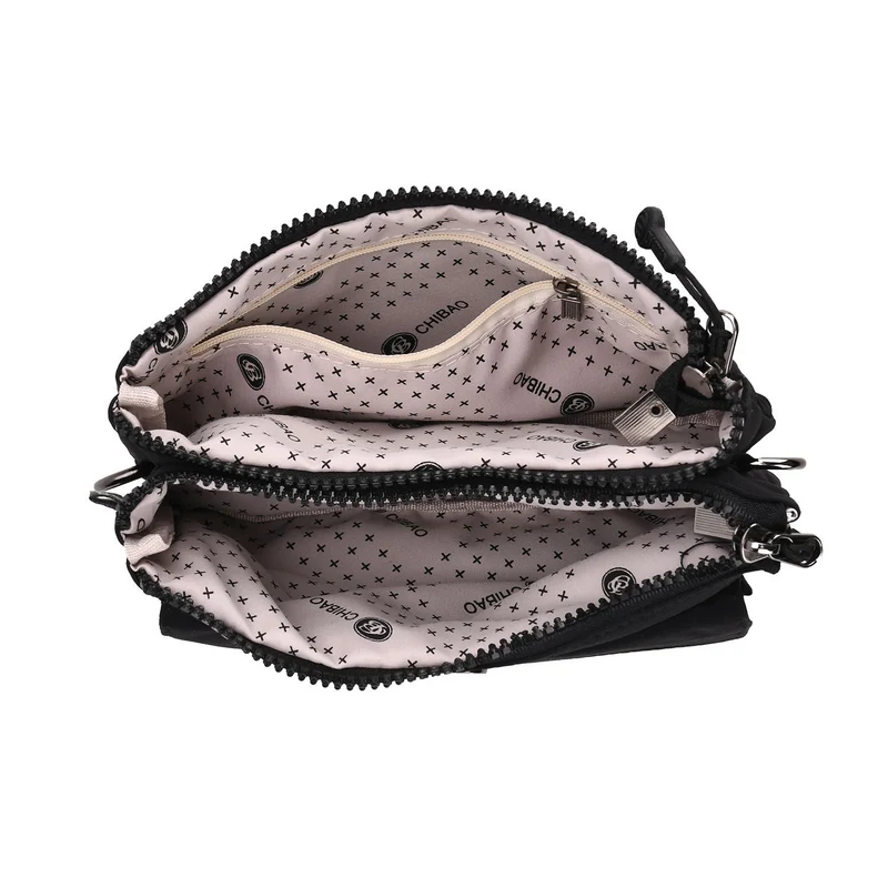 Crossbody-Tasche aus Nylon, mit mehreren Reißverschlussfächern und verstellbarem Schulterriemen, 20x12x3.5 cm, Schwarz