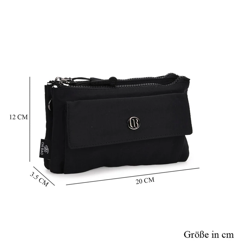Crossbody-Tasche aus Nylon, mit mehreren Reißverschlussfächern und verstellbarem Schulterriemen, 20x12x3.5 cm, Schwarz