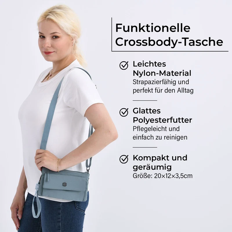 Crossbody-Tasche aus Nylon, mit mehreren Reißverschlussfächern und verstellbarem Schulterriemen, 20x12x3.5 cm, Schwarz