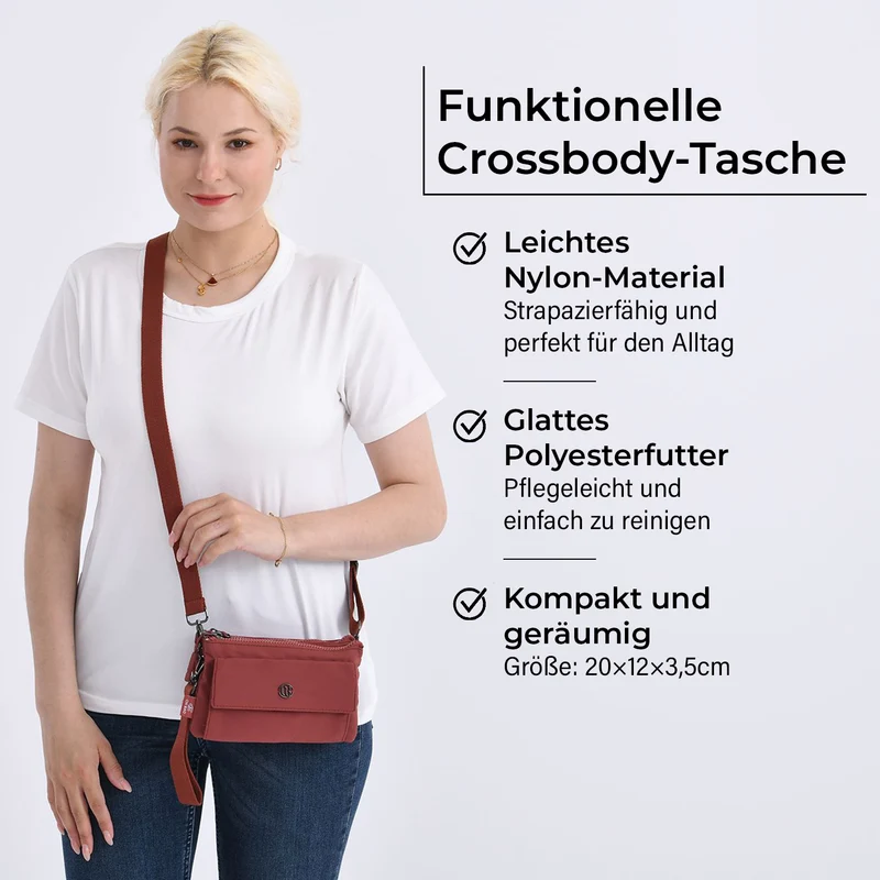 Crossbody-Tasche aus Nylon, mit mehreren Reißverschlussfächern und verstellbarem Schulterriemen, 20x12x3.5 cm, Schwarz
