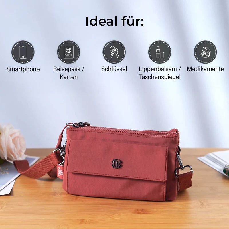 Crossbody-Tasche aus Nylon, mit mehreren Reißverschlussfächern und verstellbarem Schulterriemen, 20x12x3.5 cm, Schwarz