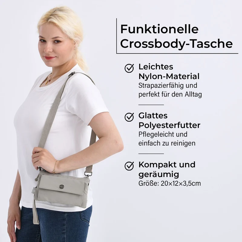 Crossbody-Tasche aus Nylon, mit mehreren Reißverschlussfächern und verstellbarem Schulterriemen, 20x12x3.5 cm, Schwarz