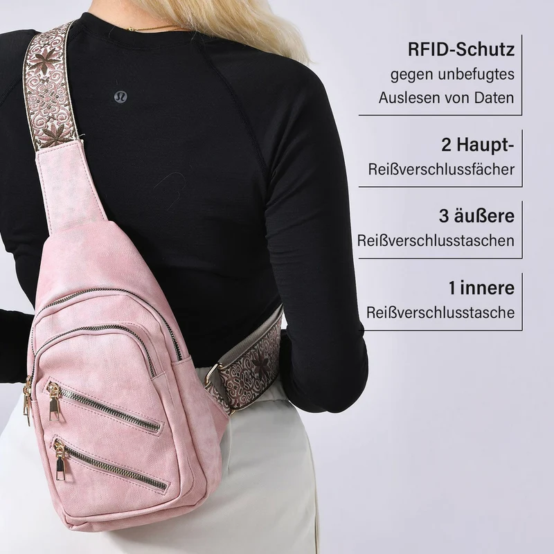 Crossbody-Slingbag aus Nylon mit RFID-Schutz, ca. 19 x 8 x 32 cm, verstellbarer Trageriemen, rosa