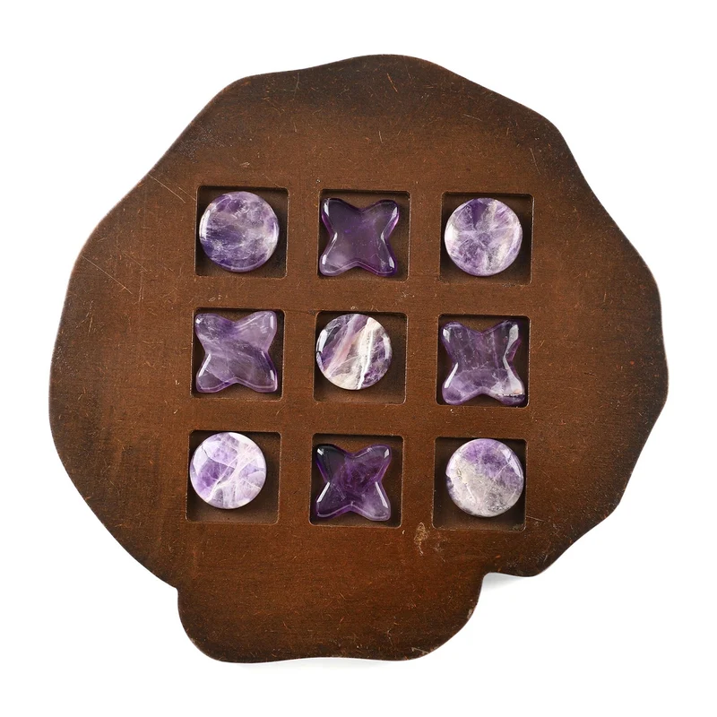 Tic Tac Toe Spiel mit Rosenquarz-Steinen und Holzbrett, ca. 9-teiliges Set