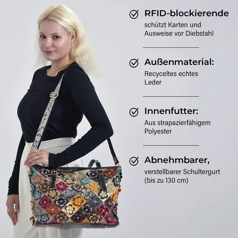 Chaos by Elsie - Crossbody-Tasche aus echtem Leder, Multicolor mit glänzender Krokoprägung & Blumenmotiv im Rautenmuster, RFID-Schutz und Mini-Taschenlampe, 35x14x27 cm