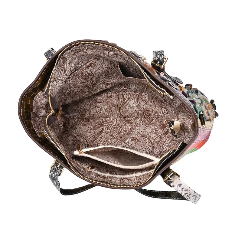 Chaos by Elsie - Crossbody-Tasche aus echtem Leder, Multicolor mit glänzender Krokoprägung & Blumenmotiv im Rautenmuster, RFID-Schutz und Mini-Taschenlampe, 35x14x27 cm