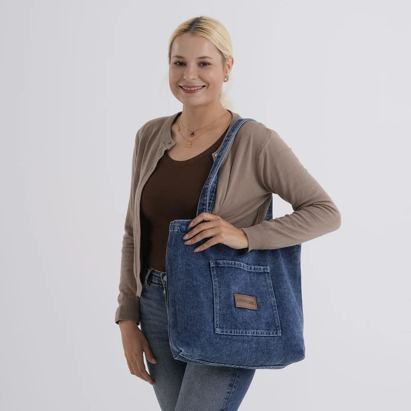 LIVMORE Shopper Tasche mit Reißverschlussfach und Innenfach 42 x 34 x 8 cm Dunkelblau