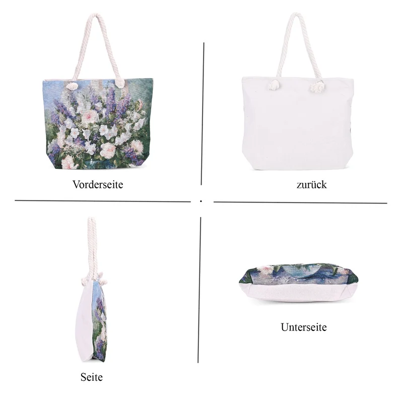 Große Lifestyle-Tragetasche Beige mit Rosa Blumen-Print - Jute-Außenseite, 42x34x9x37cm