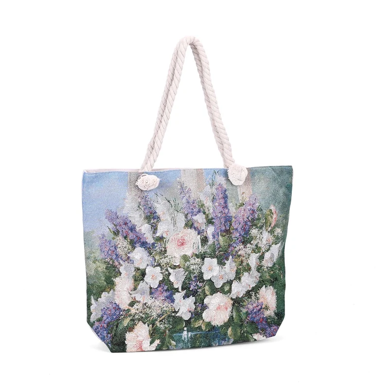 Große Lifestyle-Tragetasche Beige mit Rosa Blumen-Print - Jute-Außenseite, 42x34x9x37cm