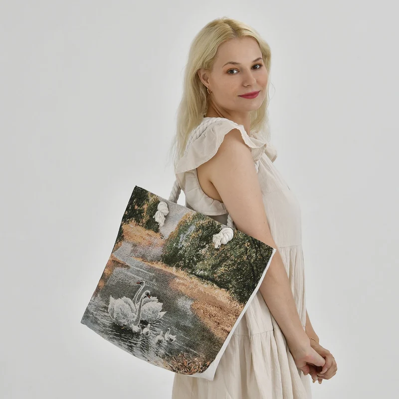 Große Lifestyle-Tragetasche Beige mit Rosa Blumen-Print - Jute-Außenseite, 42x34x9x37cm