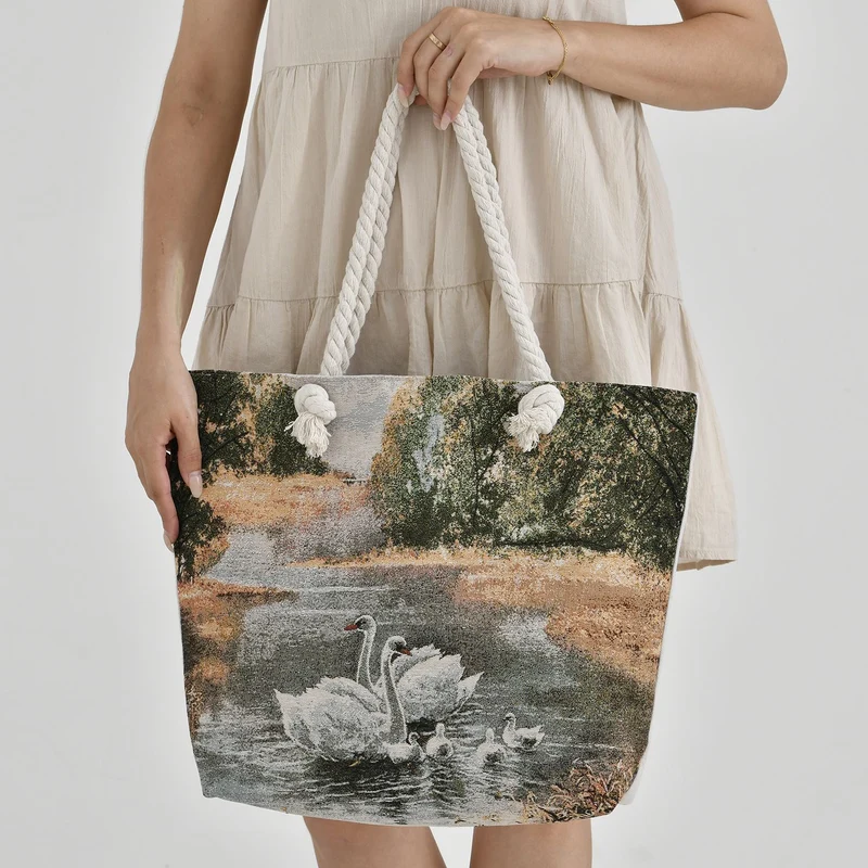Große Lifestyle-Tragetasche Beige mit Rosa Blumen-Print - Jute-Außenseite, 42x34x9x37cm