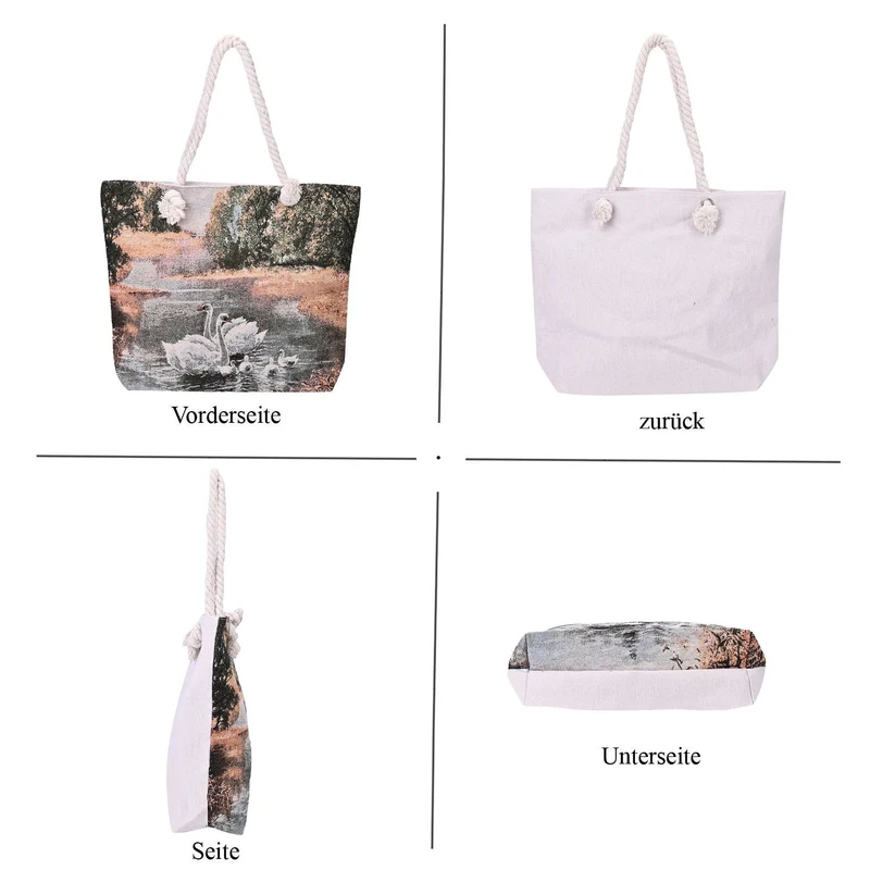 Große Lifestyle-Tragetasche Beige mit Rosa Blumen-Print - Jute-Außenseite, 42x34x9x37cm