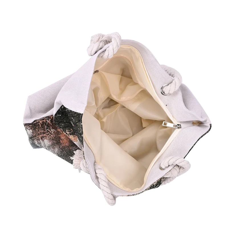 Große Lifestyle-Tragetasche Beige mit Rosa Blumen-Print - Jute-Außenseite, 42x34x9x37cm