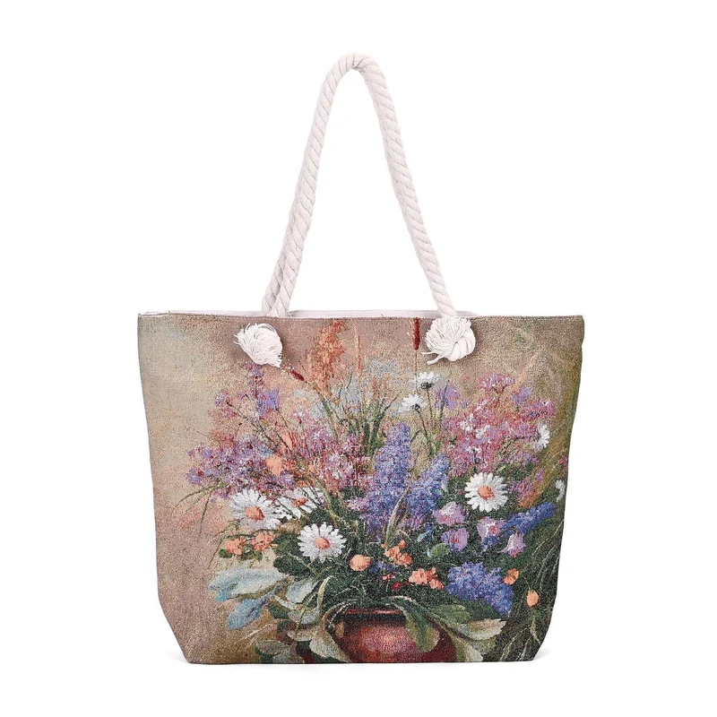 Große Lifestyle-Tragetasche Beige mit Rosa Blumen-Print - Jute-Außenseite, 42x34x9x37cm