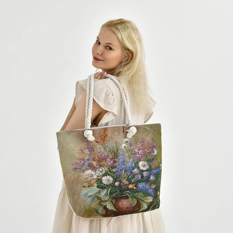 Große Lifestyle-Tragetasche Beige mit Rosa Blumen-Print - Jute-Außenseite, 42x34x9x37cm