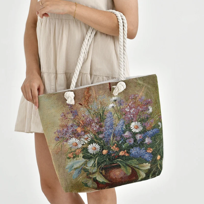 Große Lifestyle-Tragetasche Beige mit Rosa Blumen-Print - Jute-Außenseite, 42x34x9x37cm