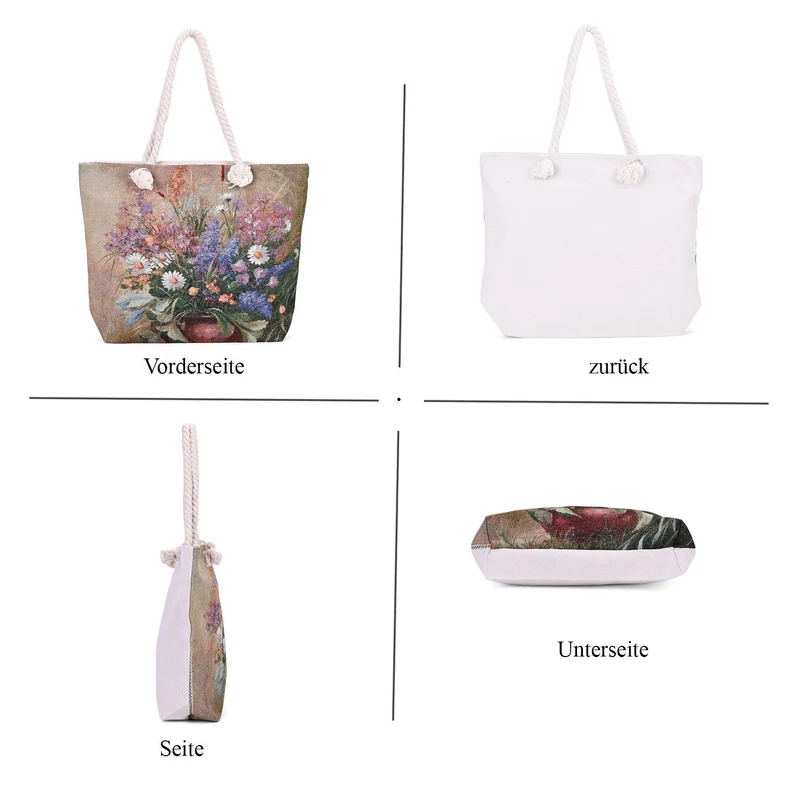 Große Lifestyle-Tragetasche Beige mit Rosa Blumen-Print - Jute-Außenseite, 42x34x9x37cm
