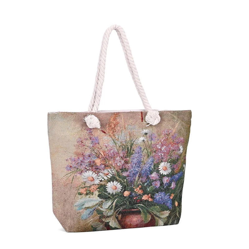 Große Lifestyle-Tragetasche Beige mit Rosa Blumen-Print - Jute-Außenseite, 42x34x9x37cm
