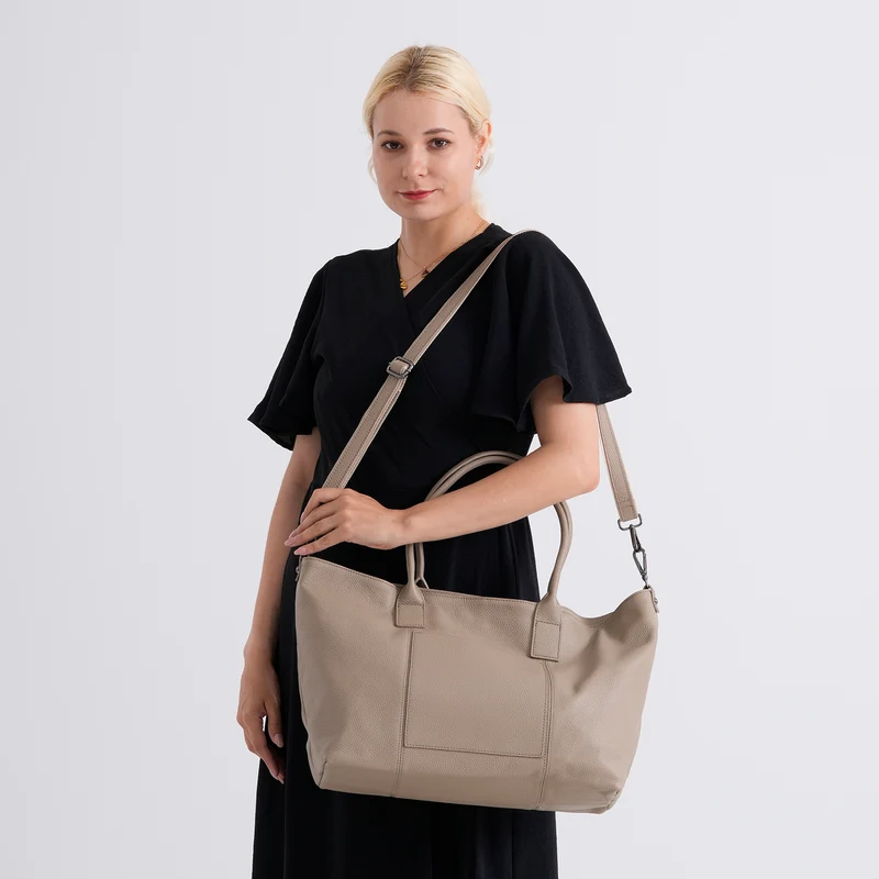 Echtleder-Schultertasche, Shopper-Design, Reißverschluss, abnehmbarer Schulterriemen, 38x17x30 cm, Aprikose