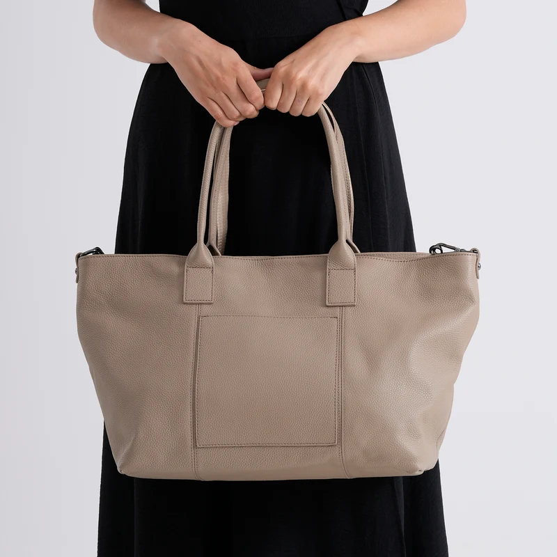 Echtleder-Schultertasche, Shopper-Design, Reißverschluss, abnehmbarer Schulterriemen, 38x17x30 cm, Aprikose