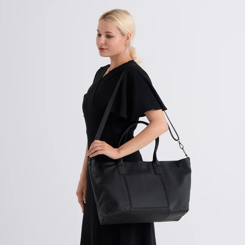 Echtleder-Schultertasche, Shopper-Design, Reißverschluss, abnehmbarer Schulterriemen, 38x17x30 cm, Aprikose