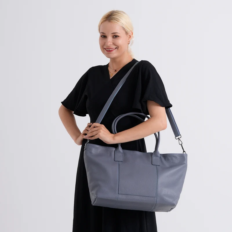 Echtleder-Schultertasche, Shopper-Design, Reißverschluss, abnehmbarer Schulterriemen, 38x17x30 cm, Aprikose