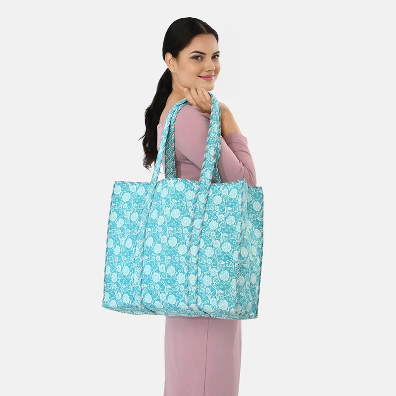 LIVMORE gesteppte Stoff-Shopper-Tasche mit Reißverschluss, florales Design, 45x43x15cm, Rosa/Weiß