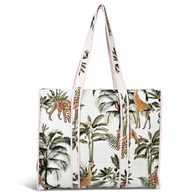 LIVMORE gesteppte Stoff-Shopper-Tasche mit Reißverschluss, florales Design, 45x43x15cm, Rosa/Weiß