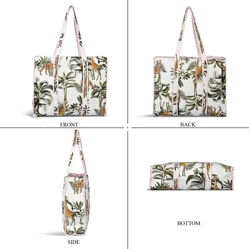 LIVMORE gesteppte Stoff-Shopper-Tasche mit Reißverschluss, florales Design, 45x43x15cm, Rosa/Weiß