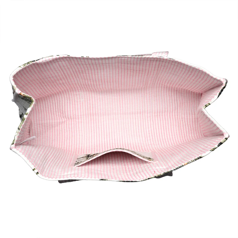LIVMORE gesteppte Stoff-Shopper-Tasche mit Reißverschluss, florales Design, 45x43x15cm, Rosa/Weiß