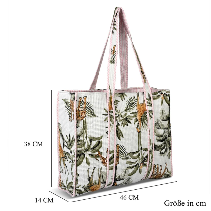 LIVMORE gesteppte Stoff-Shopper-Tasche mit Reißverschluss, florales Design, 45x43x15cm, Rosa/Weiß