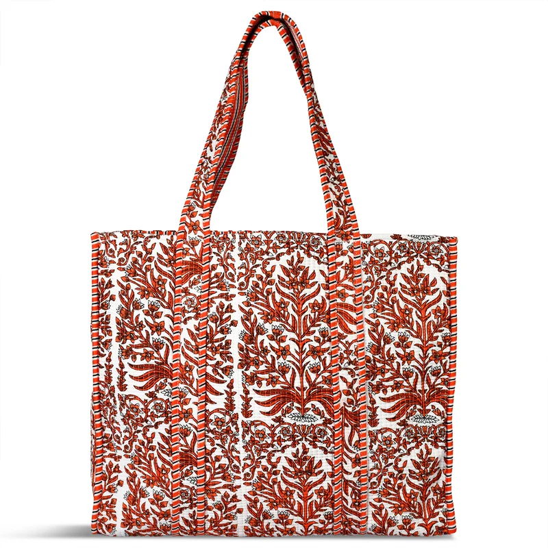 LIVMORE gesteppte Stoff-Shopper-Tasche mit Reißverschluss, florales Design, 45x43x15cm, Rosa/Weiß
