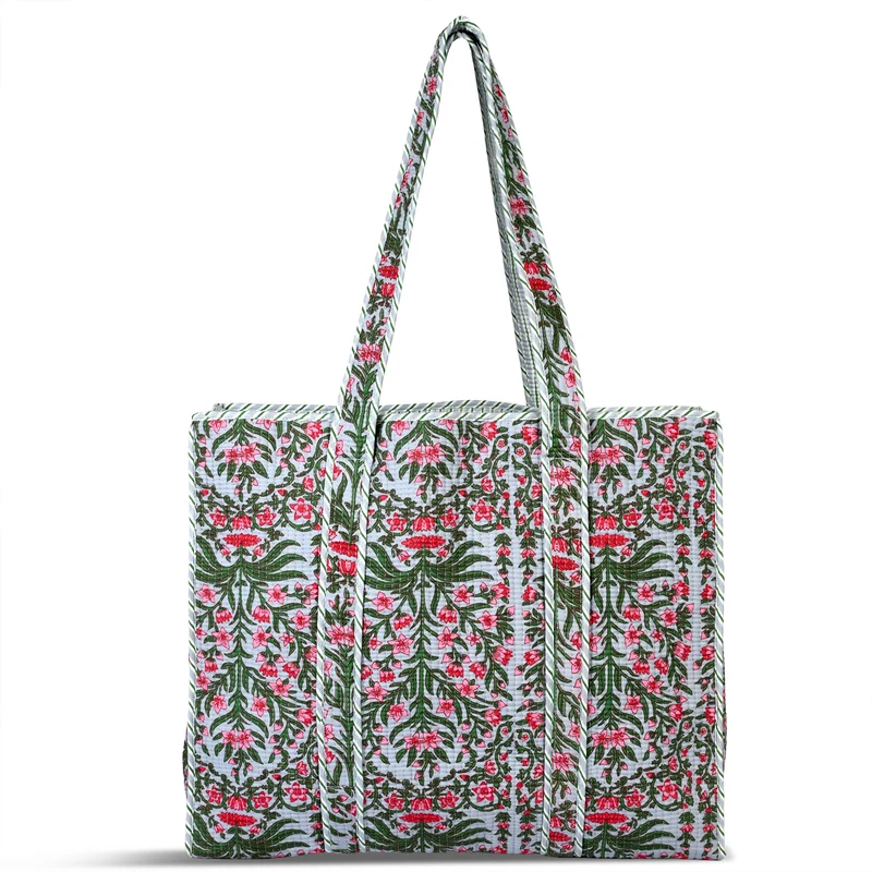 LIVMORE gesteppte Stoff-Shopper-Tasche mit Reißverschluss, florales Design, 45x43x15cm, Rosa/Weiß