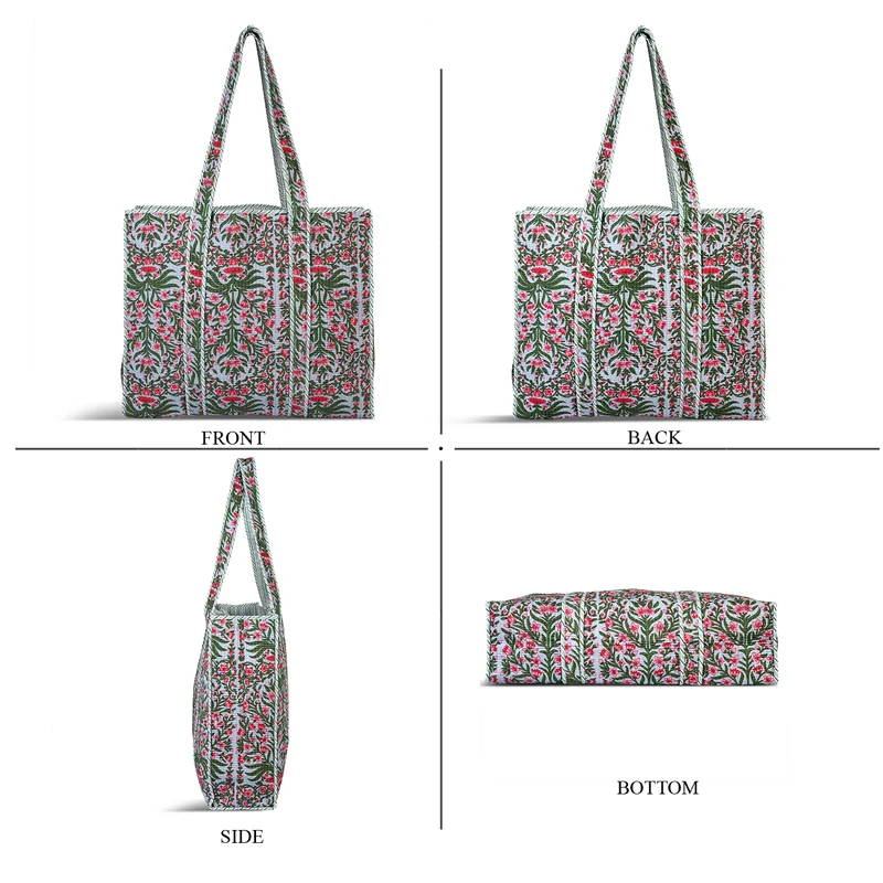 LIVMORE gesteppte Stoff-Shopper-Tasche mit Reißverschluss, florales Design, 45x43x15cm, Rosa/Weiß