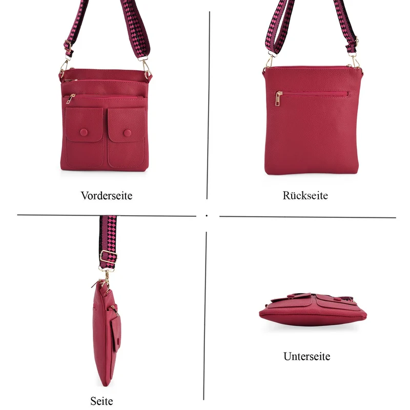Umhängetasche aus feinem Lederimitat mit mehreren Taschen, Einheitsgröße, Rosenrot