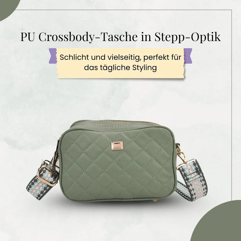 Crossbody-Tasche mit Steppmuster und gemustertem Schultergurt, Kunstleder, 21 x 13 x 7.5 cm, Pink